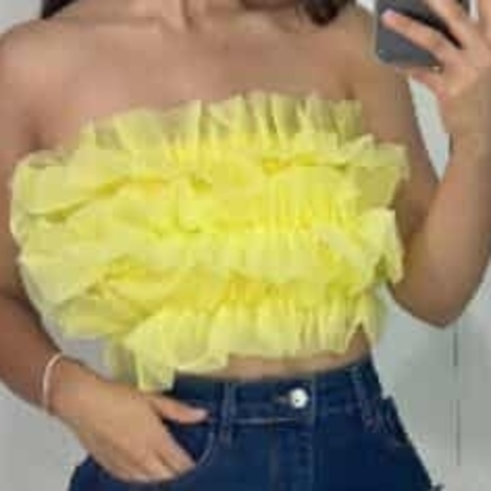 Sunny Yellow Ruffled Strapless Crop Top